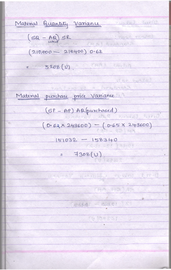 Material Quantity Variance (sa - AQ) SR 218400) 0.62 (210,000 CHA 5208 (U). Material purchase price Variane (SP - AP) AQ(purc