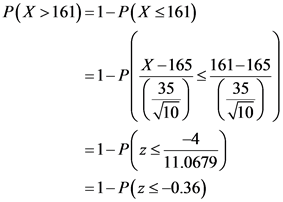P(X >161)=1-P(X <161)
=1-P
X-165, 161-165
|( 35 ( 35
=1-P(2511.067)
= 1- P(25-0.36)