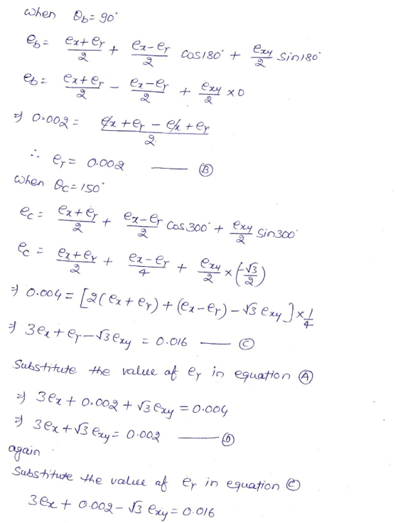 When Ob=90 = @xt By + Cacer cos180° + entry siniso es = exter - ex-er + exy xo 9 0·002 = 92 ter – etter - @y= 0.002 - ® when
