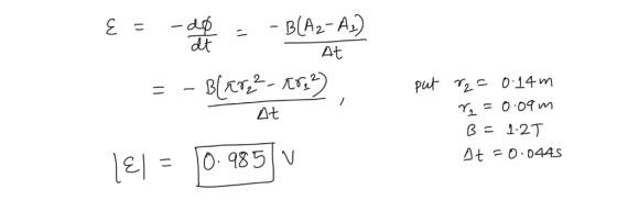 Es ro - B(AA? At = - 8 - 1), At put r2 = 0.14 m V = 0.09m B= 1.25 At = 0.0445 LEL = 1.985v