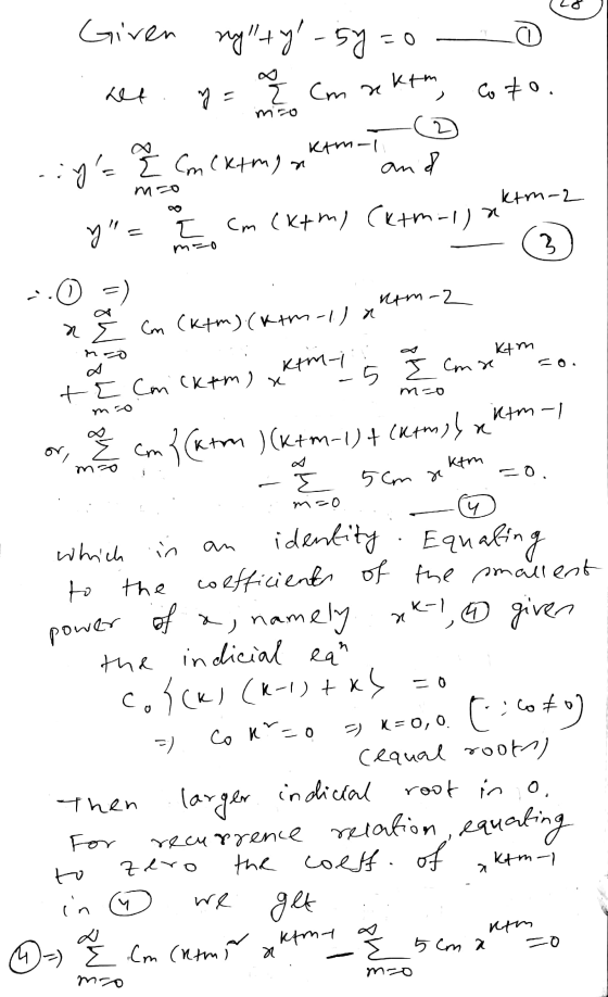 q Given nyllty-sy=0 at ktm, E Cmn ya Co to. mo 2 Ktml .:ys ² Com cermin and m=0 ktm-2 (ktm-1) 7 [ cm (kt my y - m20 3 .0 0