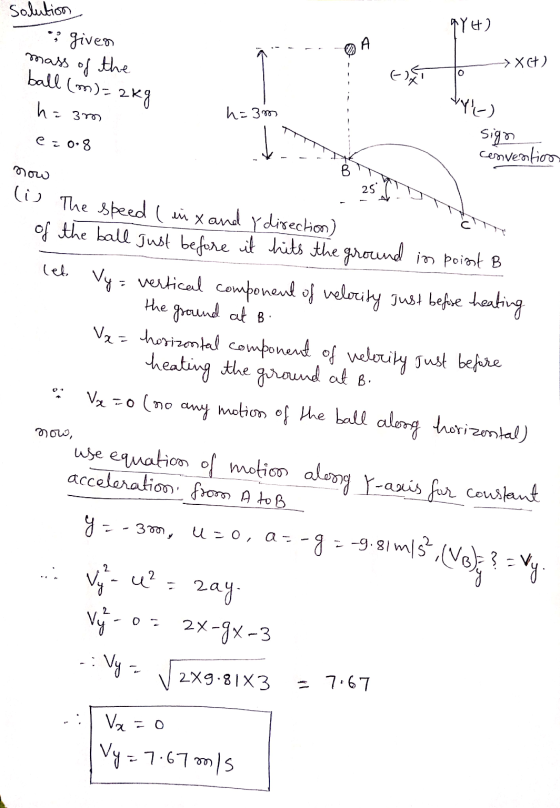 Solution • given qYH) mass of the → X6) ball (m)=2kg 0 ha i 37 h=3m ۷۷-) sign convention e-0.8 Bow 25 let ( The speed ( enx a