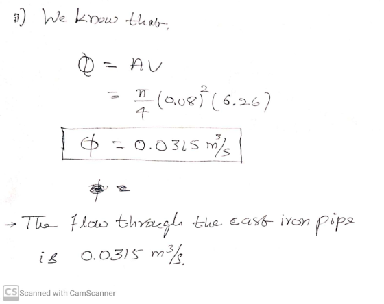 ) We know that, Q=AU = (0,081 (6.267 1$ = 0.0315 ms The flow through the east iron pipe is 0.0315 m%s. CS scanned with CamSca