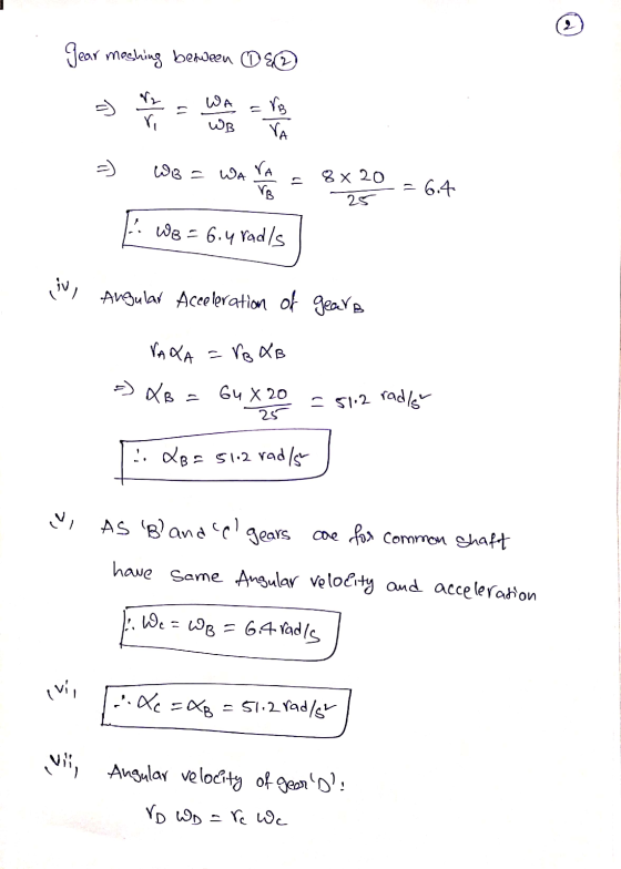 2 gear meshing beween 05 WA WB VB YA =) WB = WA VA VB 8 x 20 25 6.4 WB = 6.4 radls ju, Angular Acceleration of gears VANA - V