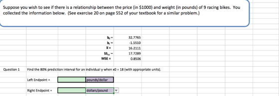 Suppose you wish to see if there is a relationship between the price (in $1000) and weight (in pounds) of 9 racing bikes. You