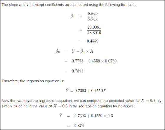 The slope and y-intercept coefficients are computed using the following formulas: B1 SSXY SSxx 20.0081 43.8916 0.4559 Bo = 7