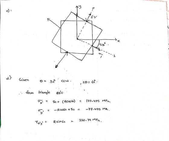 VI-30 Given O = 300 cow. 20= 68. si from triangle Reis 50 + (RC66) = 177.475 MPa = - Roosco + 50 = -77.475 MB Txly = Rsingo