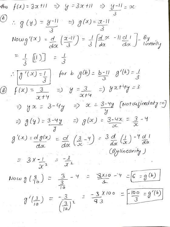 Pims f(x) = 3x tll => y =33 +11 => y-leo 3 CA :: g(y) = y.!! 3 = g(x) = X-M1 3 I da lidi 3 dx Nowglx) (7) } Joy dsc lineari