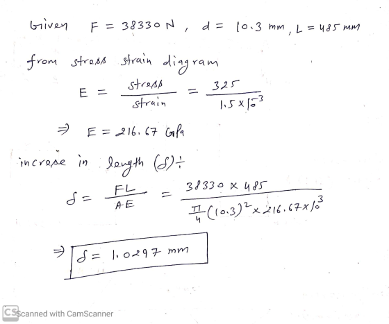 Given F=38330N, d = 10.3 mm, L= 48 mm E = from stress strain diagram - strepp - 325 strain listos E = 216,67 Gola increase in