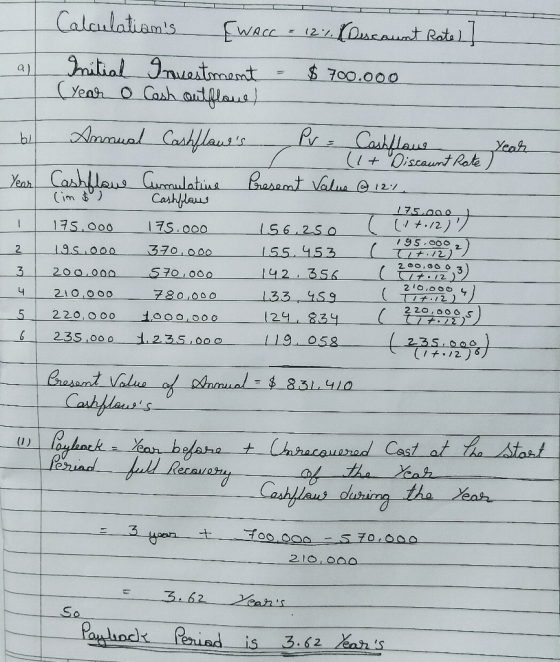 Year Calculatiams EWACC = 12% (Descaunt Rate / Initial Investment = $700.000 (Year o Cash outflowe) b. Annual Cashflowes Pv