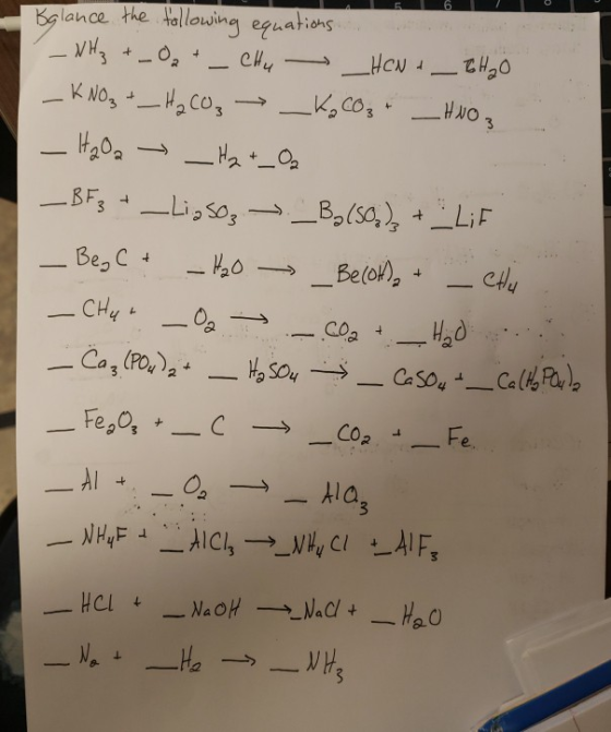 Iglance the following equations – NH₃ +_ 02 +_ CHU - HON+ BH2O - KNO3 + _ H₂CO3 → _K.CO₂ _HNO3 - H202 → _H2 +_ Oa BE3 + _Lig