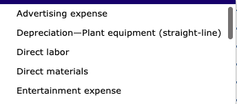Advertising expense Depreciation--Plant equipment (straight-line) I Direct labor Direct materials Entertainment expense
