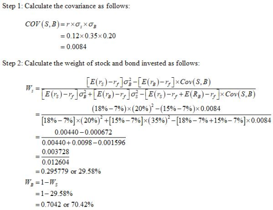 Step 1: Calculate the covariance as follows 0.12 x 0.35 x 0.20 = 0.0084 Step 2: Calculate the weight of stock and bond invest