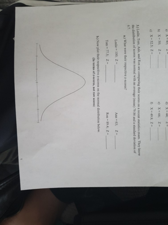 a) X= 45; 2- d) X=44; 2= b) X= 50; Z- c) X = 52.5; Z- e) X = 66; Z- f) X = 49.8; Z= 3.) Leslie, Tom, Ann, and Ron are compari