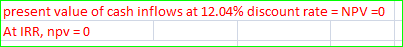 present value of cash inflows at 12.04% discount rate NPV =0 At IRR, npv 0