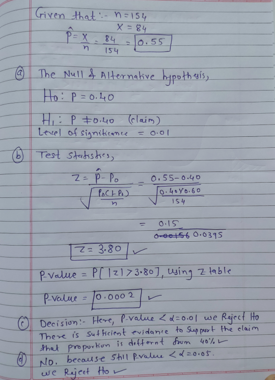 Given that - n=154 X = 84 P=X. 84 - 10.55 The Null & Alternative hypothesis) Ho : p=0.40 H P *0.40 (claim) Level of significa