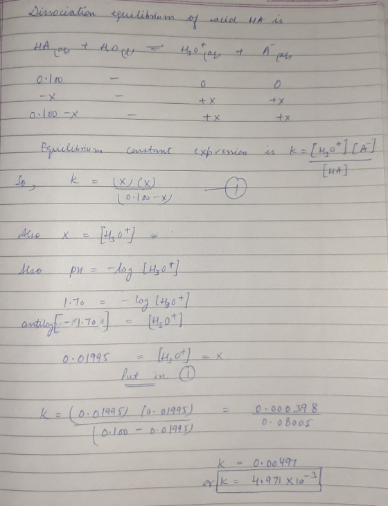 Dissociation да су equilibrina14 acid He is да е к, ола, 4 A4, - +X +X 0.100 + X 0.100-X expression is k = [HOTILAT Equilibri