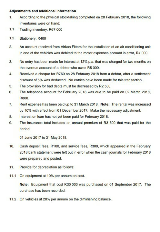 Adjustments and additional information 1. According to the physical stocktaking completed on 28 February 2018, the following