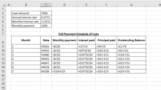 A в с D E F Loan Amount 7500 Annual interest rate 0.0772 Monthly interest rate =C3/12 Monthly payment 1200 Full Payment Sched