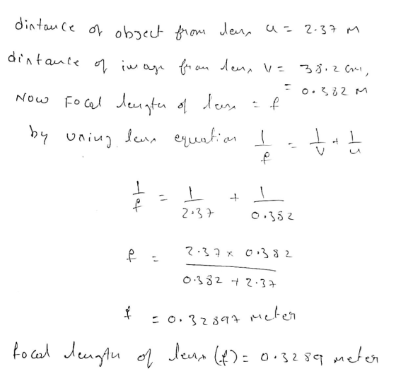 dintance of object from den, a= 2.37 m distance of image foran deux v= 33.2 Cre, = 0.332M Now Focal deurgter of dean af o. ..