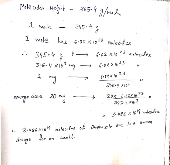 Molecular weight - 34504 g/mol 1 mole – 3454 g 1 mole has 6.02 X 1023 molecules .: 345.4 g bin 6.02 x.10 23 molecules 345.4 x