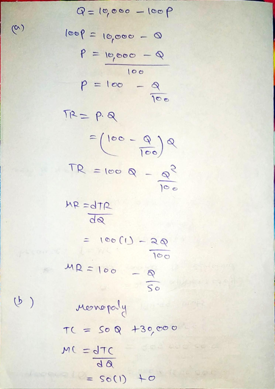 Q=10,000 – 100 p (a) loop = 10,000 - 0 p = 10,000 -Q loo P = 100 - Q TR= p.2 TR = 100 Q - RO MR=dTR da = 100(1) -20 100 MR =