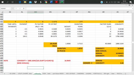 - W 00:38 vo a dx 2 ENG , = _20-04-202014 ... o X AK AM AN AO AP AQ AR AS AT A р A F G=C*F CONVEXITY 466 D*P DURATION YEARS