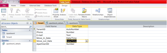 Table Tools Design Databasel: Database (Access 2007) icrosoft Access (Product Activation Failed) Home CreateExternal Data Dat