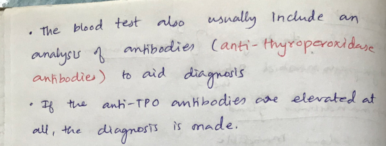 The blood test also usually include an. analysis of antibodies Canti-thyroperoxidase antibodies) to aid diagnosis as • If the
