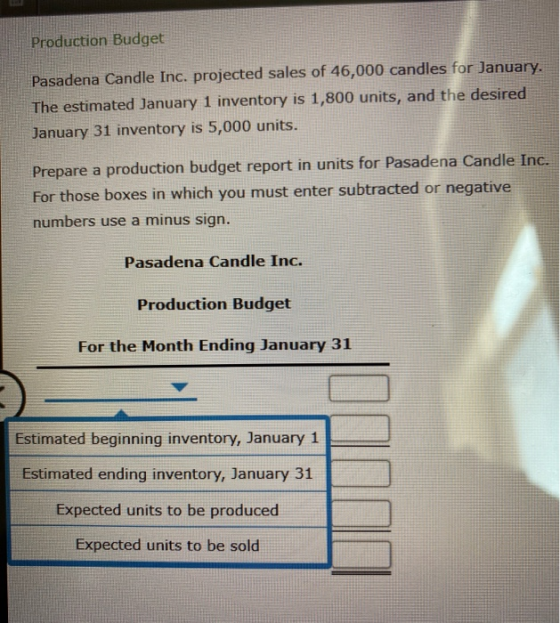 Production Budget Pasadena Candle Inc. projected sales of 46,000 candles for January. The estimated January 1 inventory is 1,