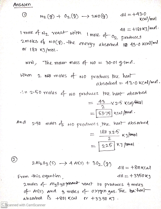 Answen 0 N2 (9) + 02 (3) ► 2009) (H = +43.0, Kcal/mol I mole of Ne realt with AH = +180 Kg/mol. Imole of oor mole of or produ