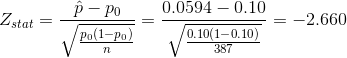 Z_{stat}=\frac{\hat{p}-p_0}{\sqrt{\frac{p_0(1-p_0)}{n}}}=\frac{0.0594-0.10}{\sqrt{\frac{0.10(1-0.10)}{387}}}=-2.660