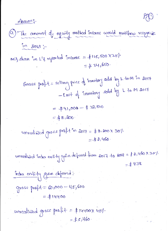 Answers The amount or equity method income wokeld matthew recognize @ in dols ms share in the reported income = $115,500X30)