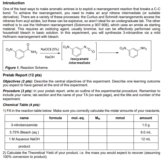 Introduction One of the best ways to make aromatic amines is to exploit a rearrangement reaction that breaks a C-C bond. To a