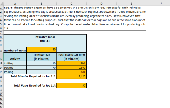 A B C 1 Req. 4: The production engineers have also given you the production labor requirements for each individual 2 bag prod