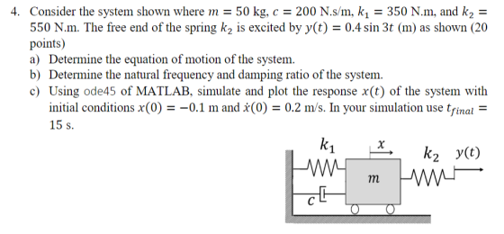 4. Consider the system shown where m = 50 kg, c = 200 N.s/m, ki = 350 N.m, and k2 = 550 N.m. The free end of the spring ky is