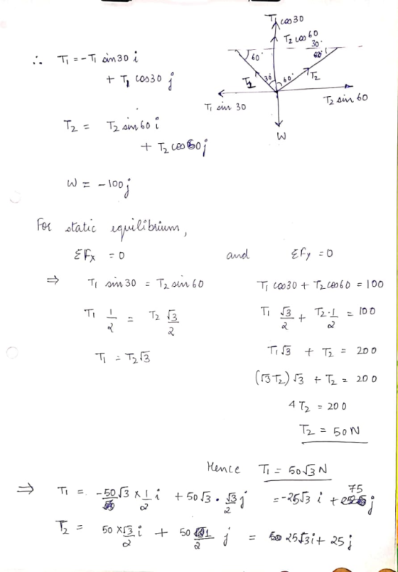 ca30 To60 30 60 T --Tam 30 Tz T, cos30 o T2 sin 60 T om 30 T2 = T2 am 60 100j Fer atatic puilibviun EFX and T Am 30 : T2 sm 6