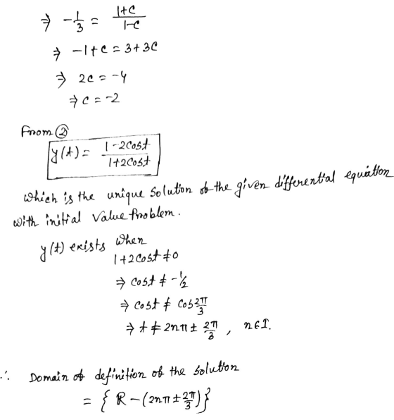 te v -1/3 -Ite = 3+ 3C 20=-4 C = -2 From 1-2Cost y(t) H2005+ which is the unique Solution 96 the given differential equation