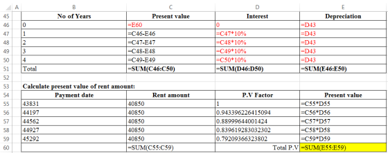 A No of Years Present value Interest O =E60 =C46-E46 =C47-E47 =C48-E48 =C49-E49 =SUM(C46:C50) 3 Depreciation I=D43 =D43 =D43