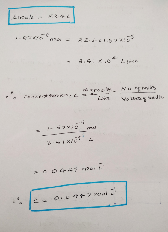 22.4 L ) -57x/0mol 22.4K157Xi 5 Litve No tnooles No omsles concetuhion,c hitte Solution Volume /5 2xO mol 1 3 5/X/O -0.0447 m