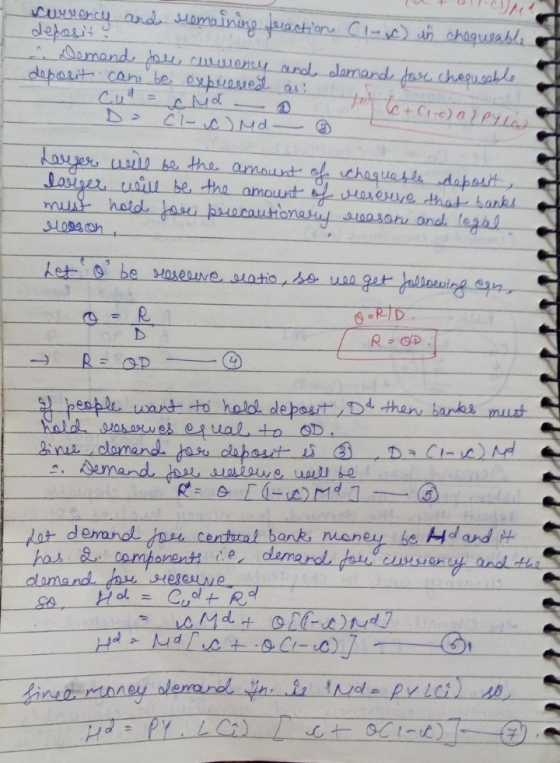. currency and remaining fraction Clov) in chequeable of deposit ! . Demand fou, currency and demand for chequeable deposit c