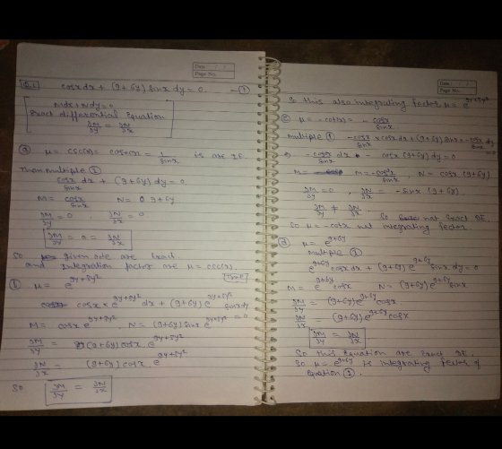 Date Page No coex dx + ( + 6y) finx dy = o. Max+Ndy_o exact differential equation Date: / Page No. Syy So this also integrati