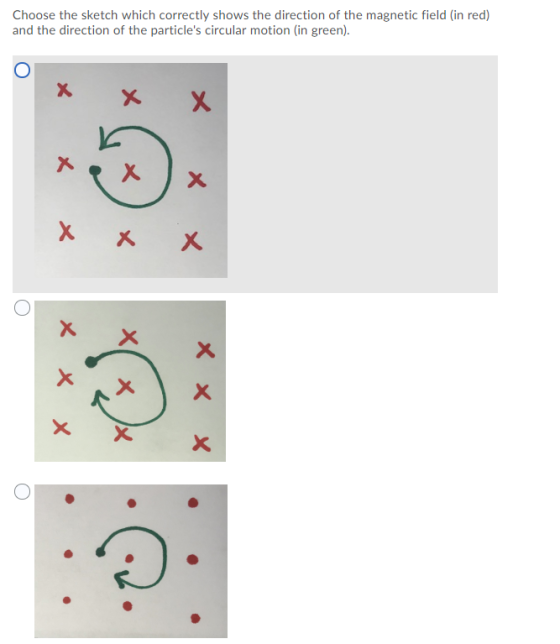 Choose the sketch which correctly shows the direction of the magnetic field (in red) and the direction of the particles circ