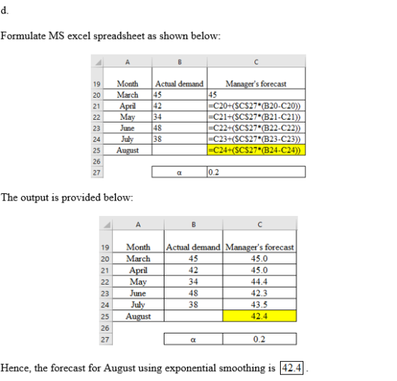 Formulate MS excel spreadsheet as shown below: Month March April May June July August Actual demand Managers forecast 45 45