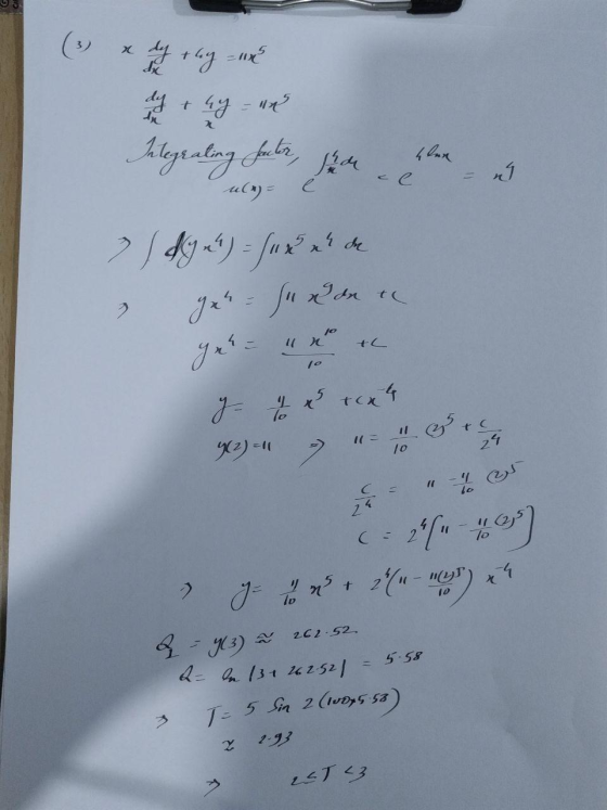 Integrating factor, jüde klen - ui 2 / dy vh) = (vx xde yuh= sundon ne y = ht J- 44 Y(2)=4 → 10 c2°/-730) > - **+ 26 - m