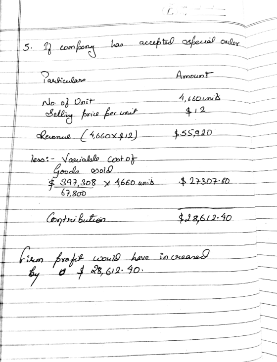 5. If company has accepted especial oncler Amount 4,660 units S2 Particulars No. of Unit Selling price per unit Revenue (4,66