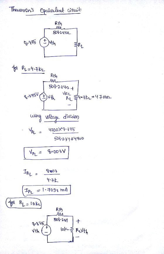 Thevenins equivalent circuit Rth M 501-2442 qu7th (14th B &RL for RL=4.762 Rth M 5072842 + VRL 8.275V (Ith Ri 84•7kh=47002 w