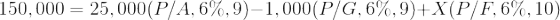 \large 150,000 = 25,000(P/A,6\%,9) - 1,000(P/G,6\%,9) + X(P/F,6\%,10)