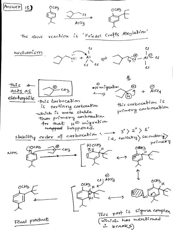 Answe OCH och Araz The above reaction is Friedel Crafts Alkylato marin, master mechanism. + AI -J -CH3 primery carbocation
