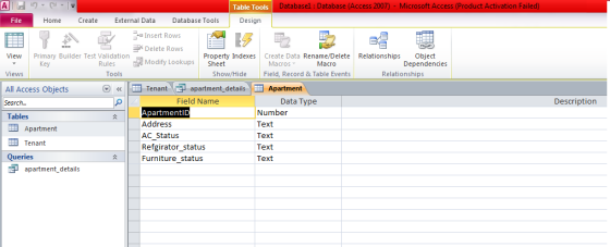 Table Tools Databasel : Database (Access 2007) Microsoft Access (Product Activation Fail Home Create External Data Database T